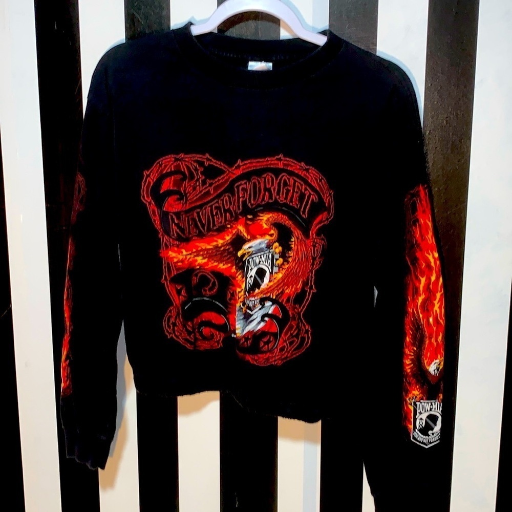 Y2K POW MIA Never Forget Biker Shirt Eagle & Flames Graphic Long Sleeve Medium